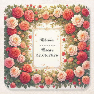 Colorful Wedding Floral Wreath Square Paper Coaster