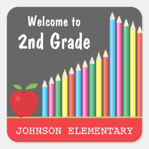Colorful Welcome Back to 2nd Grade Square Sticker - This square sticker features a chalkboard background accented with colored pencils and a red apple. Customizable text reads: Welcome to 2nd Grade...Johnson Elementary. This sticker can be used for any elementary grade level.