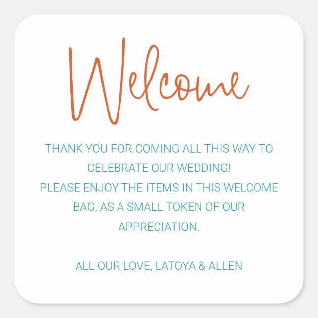 Colorful Welcome Gift Bag Basket Wedding Square Sticker (Front)