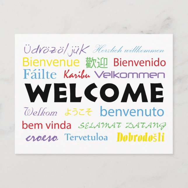 Colorful Welcome in Many Languages White Backgroun Postcard (Front)