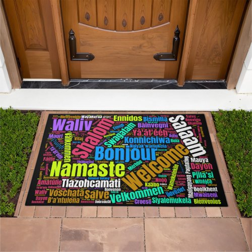 Colorful Welcome in Many Languages Word Cloud Door Doormat