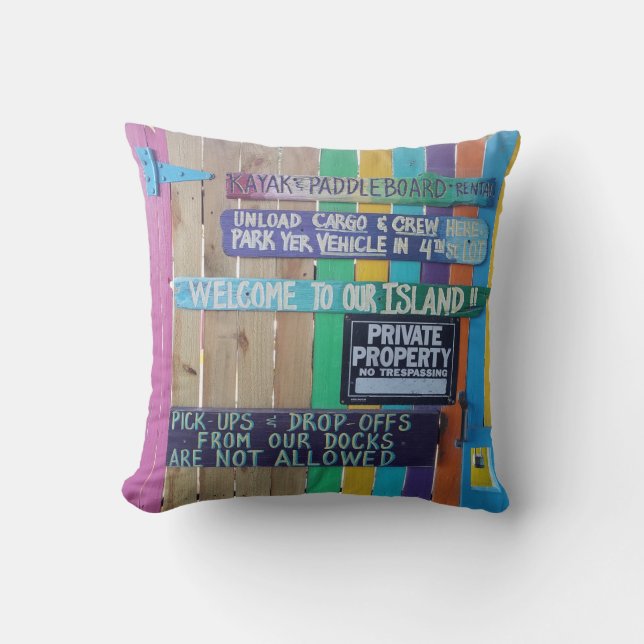 Colorful Welcome Island sign Carribean Throw Pillow (Front)