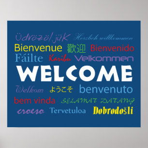 Colorful Welcome Many Languages Blue Poster