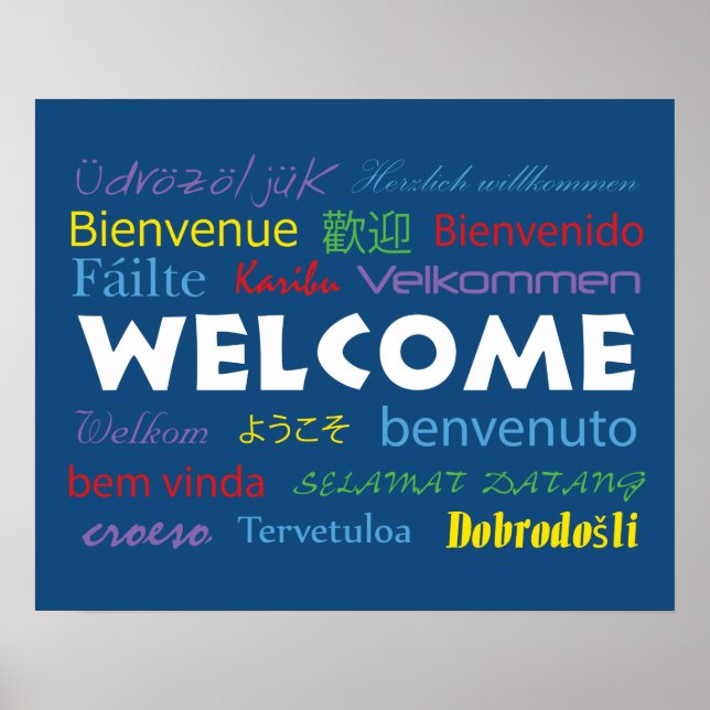 Colorful Welcome Many Languages Blue Poster (Front)