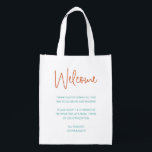 Colorful Welcome To Wedding Out Of Town Guest Gift Grocery Bag<br><div class="desc">This fun and colorful welcome bag, with burnt red and turquoise text, is a nice way to thank your out of town guests for the travel they needed to do to get to your wedding. Fill it with goodies that your guests will love when they get to the accommodation. The...</div>
