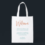 Colorful Welcome To Wedding Out Of Town Guest Gift Grocery Bag<br><div class="desc">This fun and colorful welcome bag, with burnt red and turquoise text, is a nice way to thank your out of town guests for the travel they needed to do to get to your wedding. Fill it with goodies that your guests will love when they get to the accommodation. The...</div>