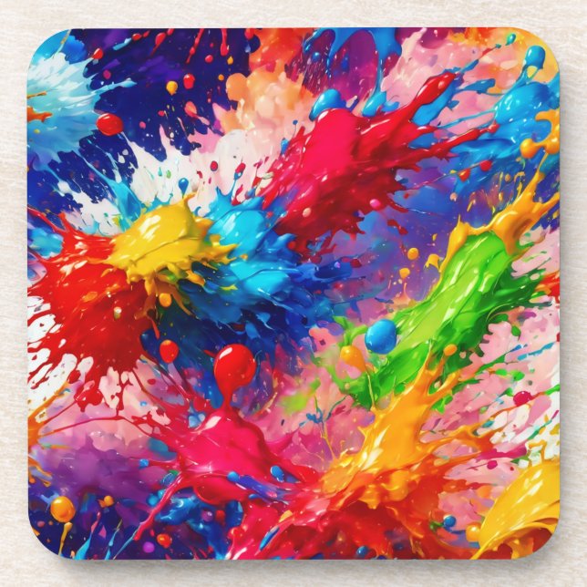 Colorful Wet Paint Splash Design Beverage Coaster (Front)