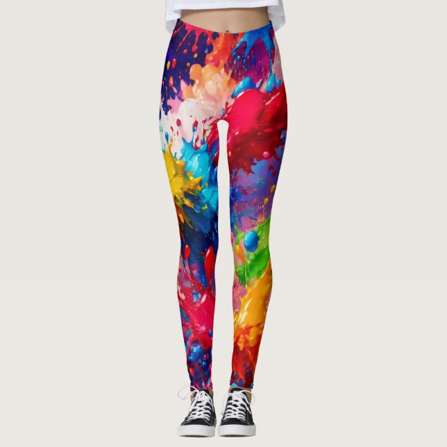 Colorful Wet Paint Splash Design Leggings (Front)