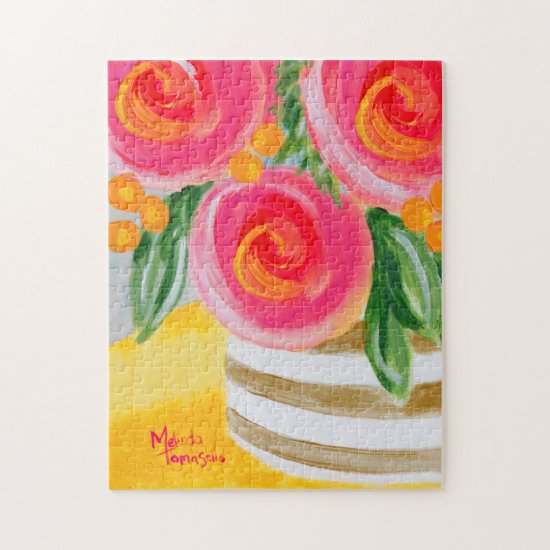 Colorful Whimsical Big Pink Roses  Jigsaw Puzzle