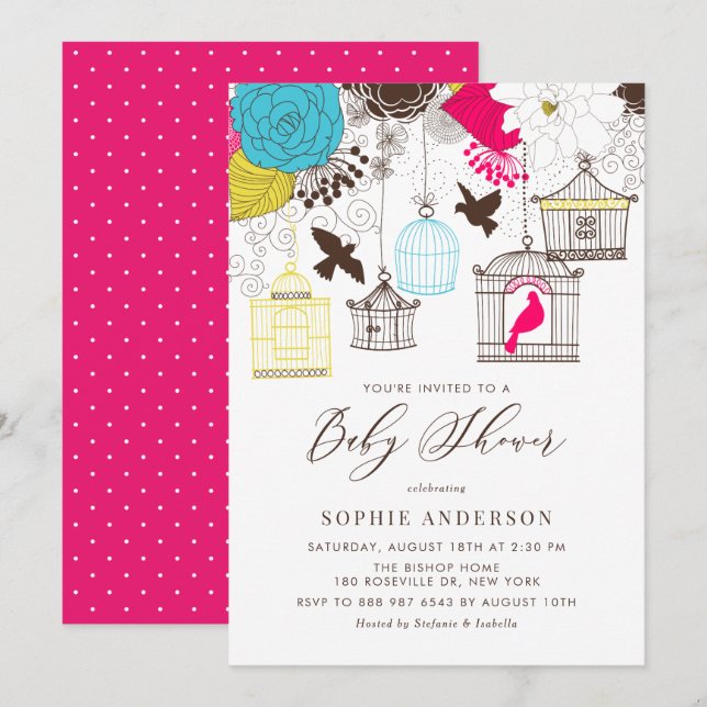 Colorful Whimsical Birdcages Baby Shower Invitation (Front/Back)
