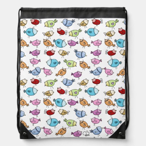 Colorful Whimsical Birds Drawstring Bag