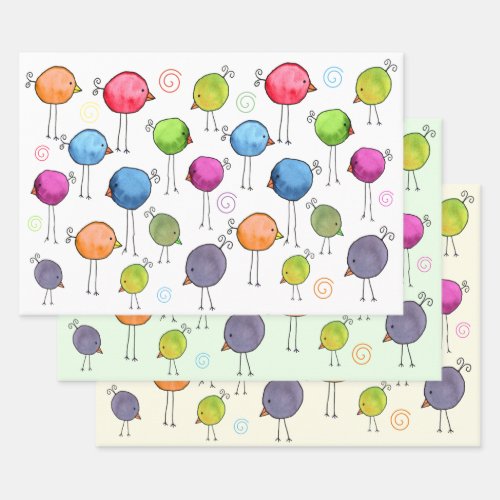 Colorful Whimsical Birds Wrapping Paper Sheets