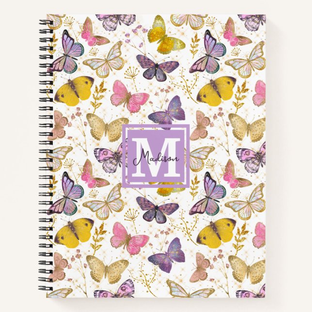 Colorful Whimsical Butterflies Pattern Monogram Notebook (Front)