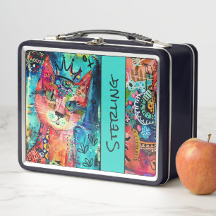 Colorful Whimsical Cat Kid's Name Metal Lunch Box