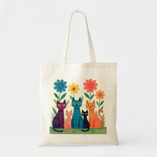 Colorful Whimsical Cats in a Flower Garden Tote Bag