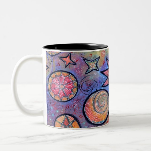 Colorful, Whimsical Celestial Cosmos Design Two-Tone Coffee Mug (Left)
