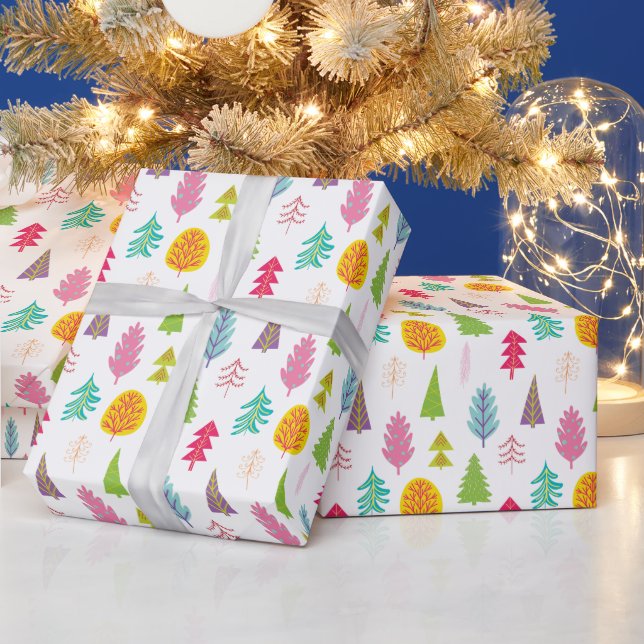Colorful Whimsical Christmas Trees Wrapping Paper (Holidays)