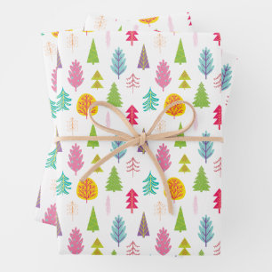 Colorful Whimsical Christmas Trees Wrapping Paper Sheets