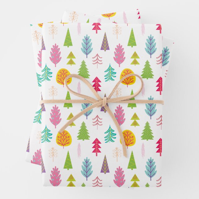 Colorful Whimsical Christmas Trees Wrapping Paper Sheets (In situ)