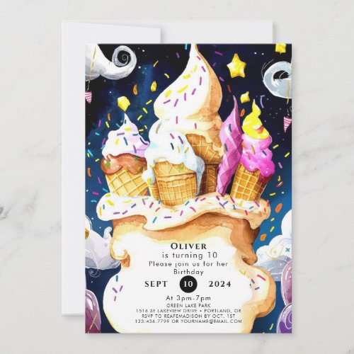 Colorful Whimsical Cone Ice Cream Birthday Invitation