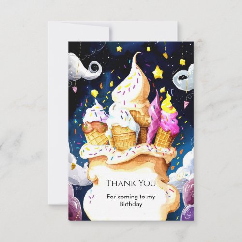 Colorful Whimsical Cone Ice Cream Birthday Thank You Card