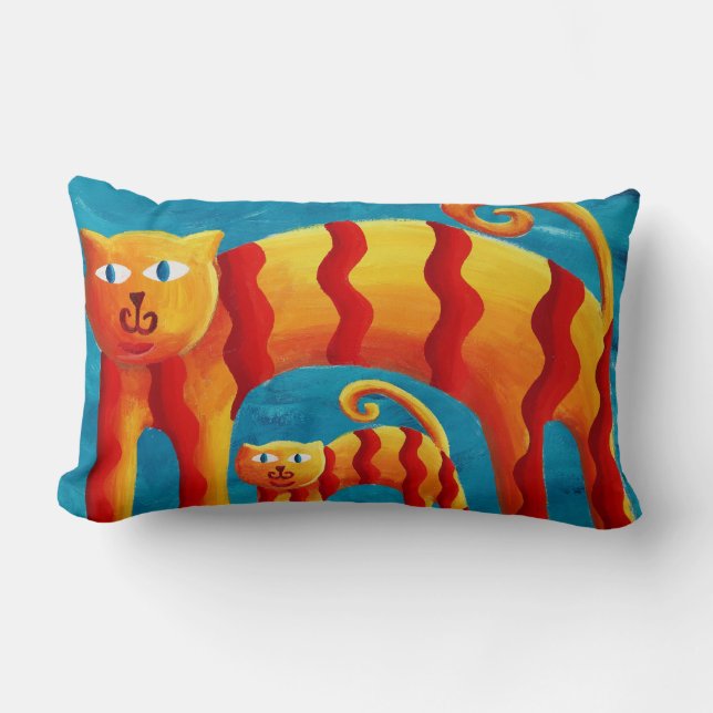 Colorful Whimsical Curved Cat and Kitten Lumbar Pillow (Front)