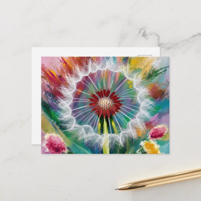 Colorful Whimsical Dandelion Postcard (Front/Back In Situ)