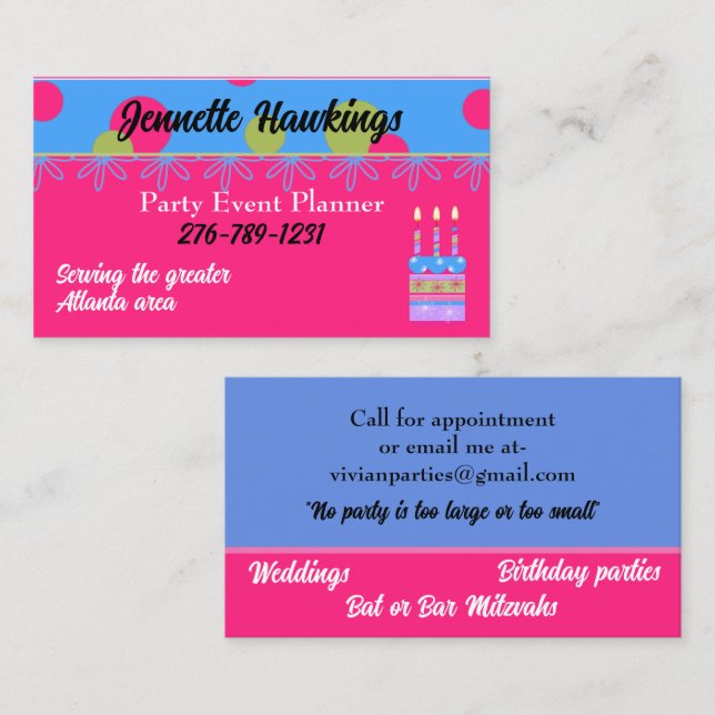 Colorful whimsical Event Planner Business Card (Front/Back)
