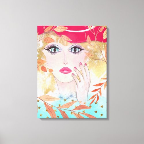 Colorful Whimsical Face Artwork Lady In Hat Canvas Print
