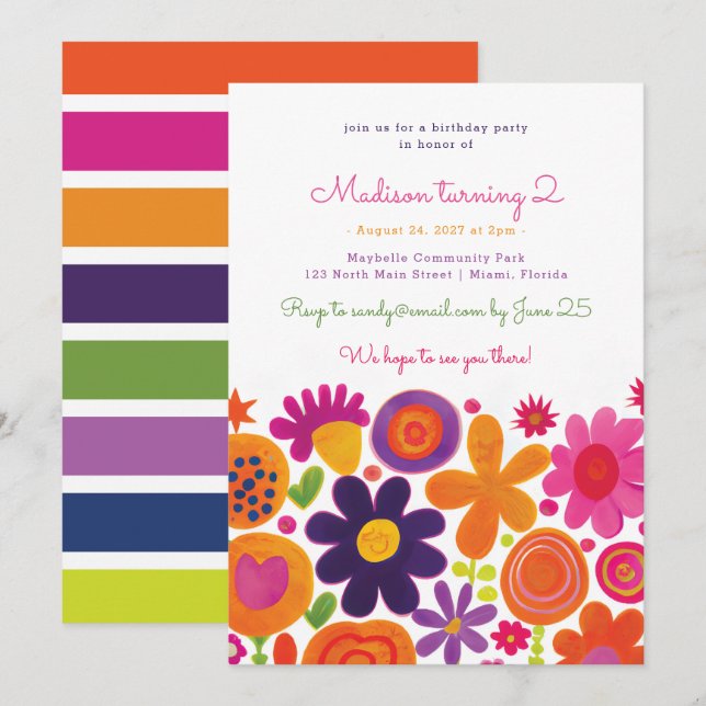 Colorful Whimsical Floral Garden Birthday Party Invitation (Front/Back)