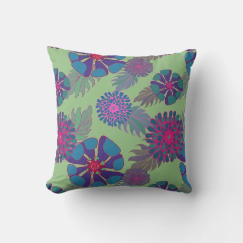 Colorful Whimsical Floral Pattern Green Throw Pillow