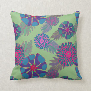 Colorful Whimsical Floral Pattern Green Throw Pillow