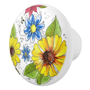 Colorful Whimsical Flower Garden Ceramic Knob