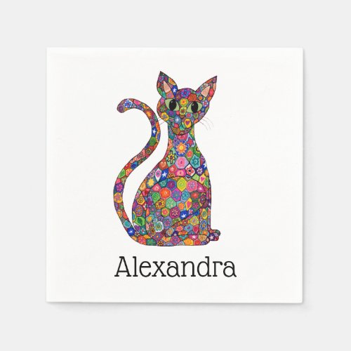 Colorful Whimsical Flower Mosaic Cat Monogram Name Paper Napkins