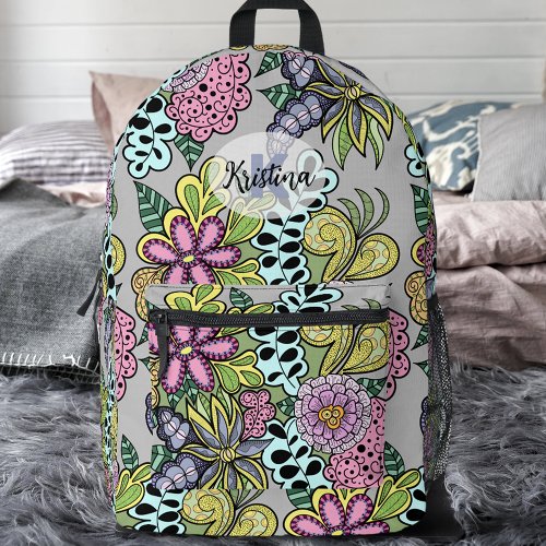 Colorful Whimsical Flowers and Leaves Botanical  Printed Backpack