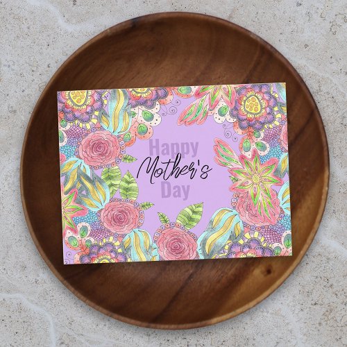 Colorful Whimsical Flowers on Purple Mothers Day Postcard