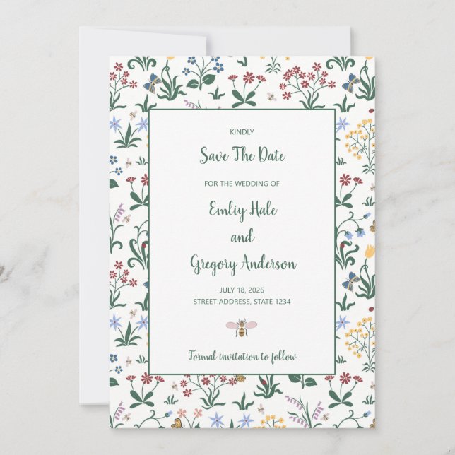 Colorful Whimsical Flowers Wedding Save The Date (Front)