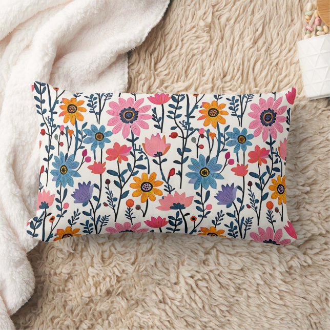 Colorful Whimsical Folk Art Floral Lumbar Pillow (Blanket)
