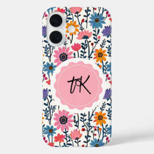 Colorful Whimsical Folk Art Floral Monogrammed iPhone 16 Case