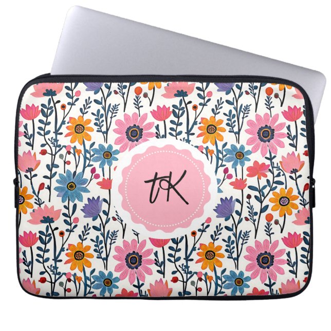 Colorful Whimsical Folk Art Floral Monogrammed Laptop Sleeve (Front)
