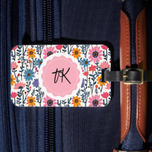 Colorful Whimsical Folk Art Floral Monogrammed Luggage Tag