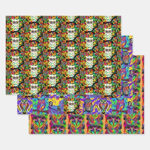 Colorful Whimsical Folk Art Owls Birthday Wrapping Paper Sheets