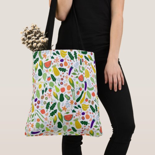 Colorful Whimsical Fruits  Veggies Grocery Market Tote Bag