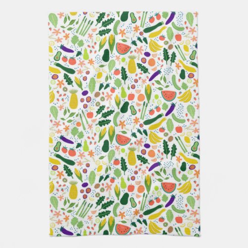 Colorful Whimsical Fruits Veggies Pattern Kitchen Towel