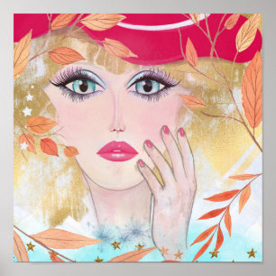 Colorful Whimsical Girls Face Hand Drawn Poster