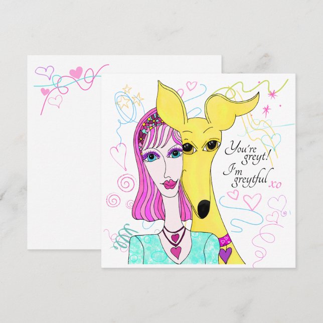 Colorful Whimsical Greyhound Dog and Lady Thank You Card (Front/Back)