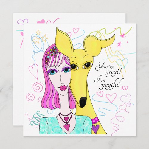 Colorful Whimsical Greyhound Dog and Lady Thank You Card