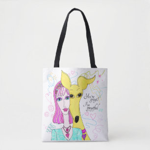 Colorful Whimsical Greyhound Dog and Lady Tote Bag