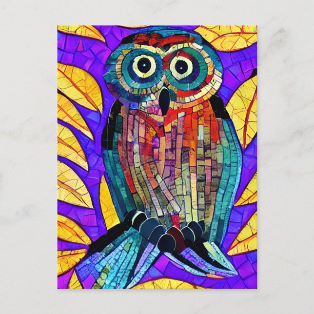 Colorful Whimsical Mosaic Owl Art Postcard (Front)