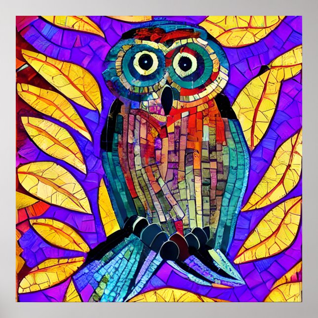 Colorful Whimsical Mosaic Owl Art Poster (Front)